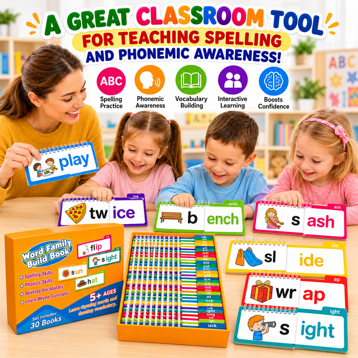 Teacher and children using word family flip books in a classroom activity
