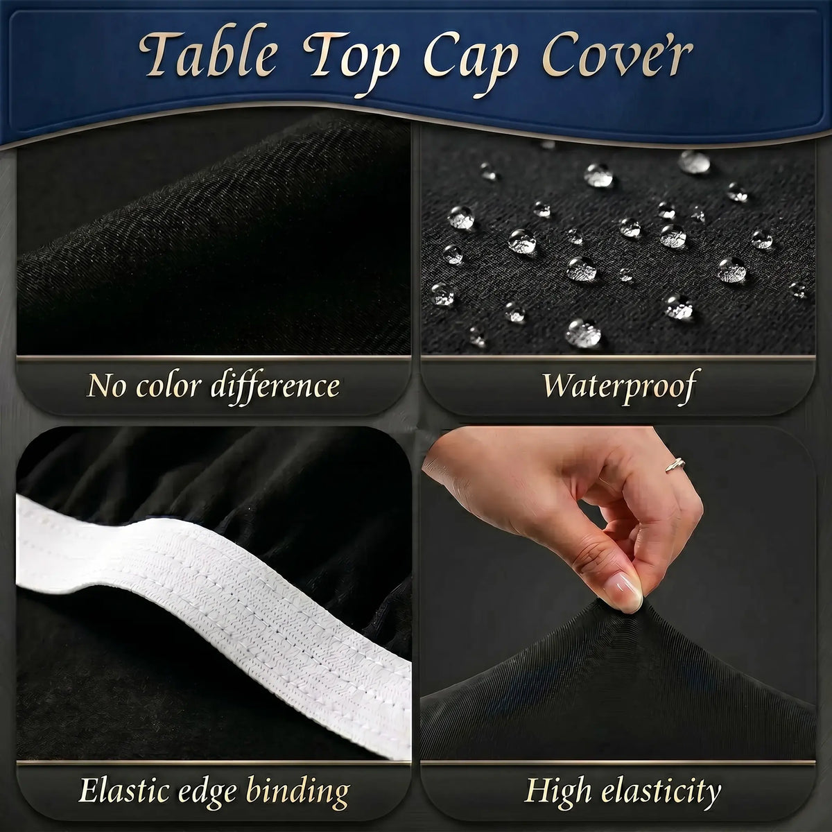 Close-up of waterproof surface, elastic edge binding and stretch fabric