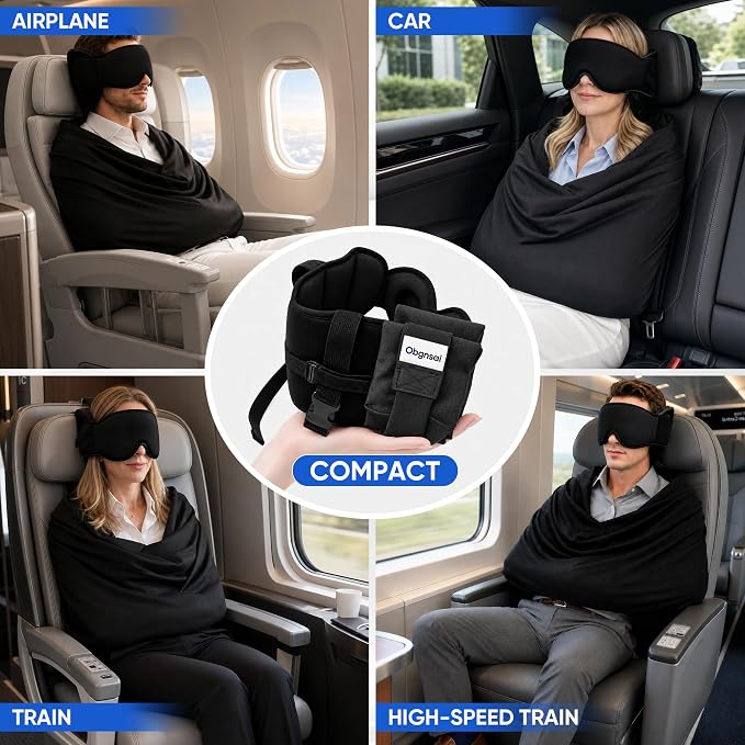 ✈️3‑in‑1 Portable Travel Sleep System 🛌 Pillow & Eye Mask | Head Neck Support for Airplane Car Train