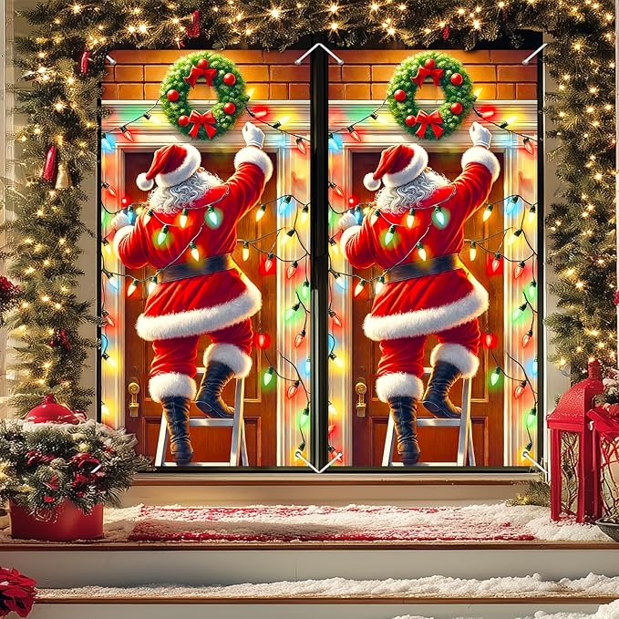 Christmas Decorations Door Cover 71x35 Inch Santa Claus Ladder Lights Door Banner Party Banner Front Door Porch Decor Photography Backdrop Home Kitchen Winter Entryway Decor