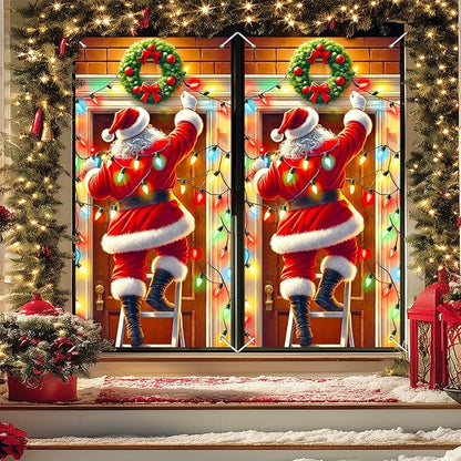 Christmas Decorations Door Cover 71x35 Inch Santa Claus Ladder Lights Door Banner Party Banner Front Door Porch Decor Photography Backdrop Home Kitchen Winter Entryway Decor