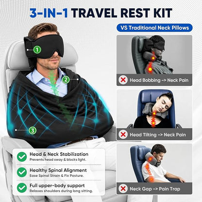 ✈️3‑in‑1 Portable Travel Sleep System 🛌 Pillow & Eye Mask | Head Neck Support for Airplane Car Train