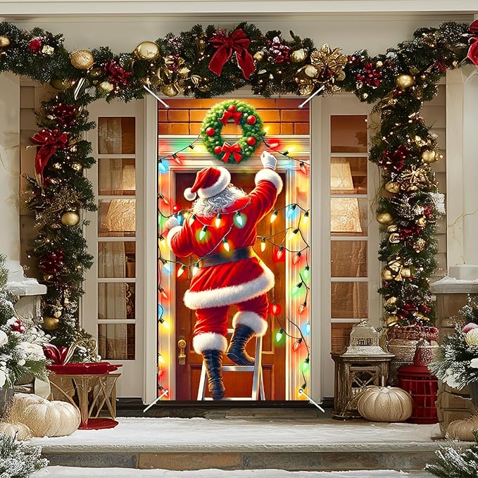 Christmas Decorations Door Cover 71x35 Inch Santa Claus Ladder Lights Door Banner Party Banner Front Door Porch Decor Photography Backdrop Home Kitchen Winter Entryway Decor