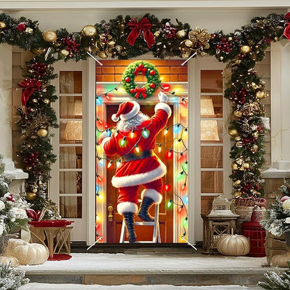 Christmas Decorations Door Cover 71x35 Inch Santa Claus Ladder Lights Door Banner Party Banner Front Door Porch Decor Photography Backdrop Home Kitchen Winter Entryway Decor