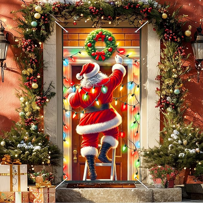 Christmas Decorations Door Cover 71x35 Inch Santa Claus Ladder Lights Door Banner Party Banner Front Door Porch Decor Photography Backdrop Home Kitchen Winter Entryway Decor