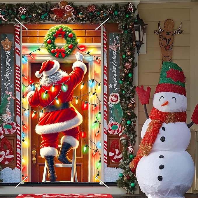 Christmas Decorations Door Cover 71x35 Inch Santa Claus Ladder Lights Door Banner Party Banner Front Door Porch Decor Photography Backdrop Home Kitchen Winter Entryway Decor