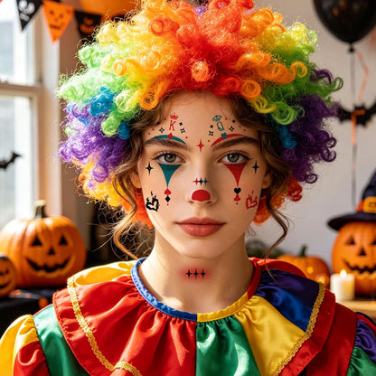 Qpout 8 Sheets Clown Face Temporary Tattoos, Halloween Makeup Joker Fake Tattoo Stickers for Women Men Adults Carnival Costume Cosplay Party Accessories