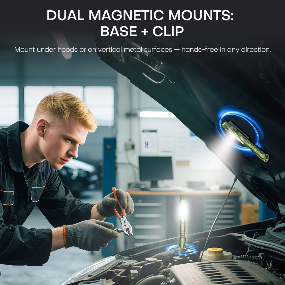 Magnetic EDC flashlight mounted beneath a vehicle hood