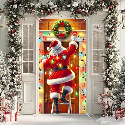 Christmas Decorations Door Cover 71x35 Inch Santa Claus Ladder Lights Door Banner Party Banner Front Door Porch Decor Photography Backdrop Home Kitchen Winter Entryway Decor