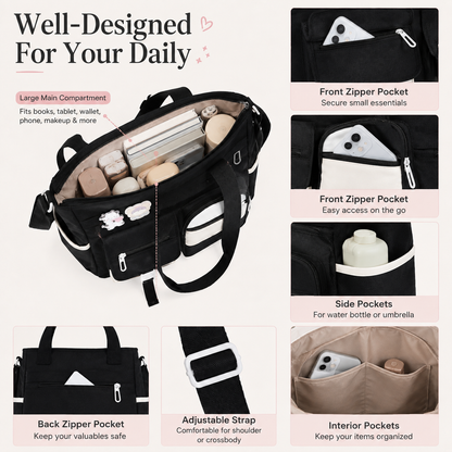 Canvas Tote Bag with Multi Pockets for Women