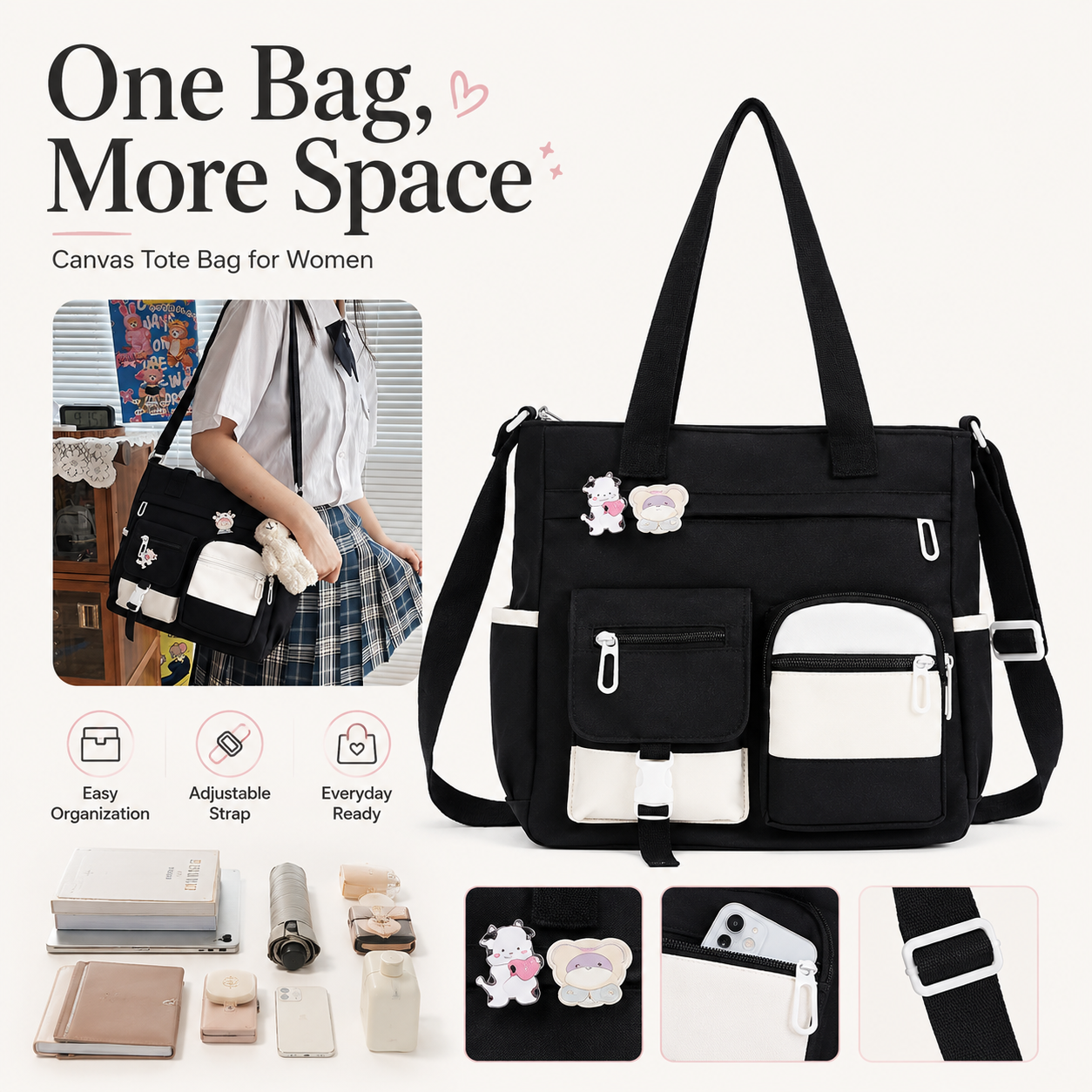 Canvas Tote Bag with Multi Pockets for Women