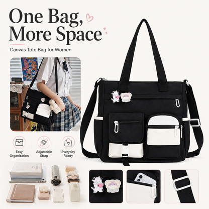 Canvas Tote Bag with Multi Pockets for Women