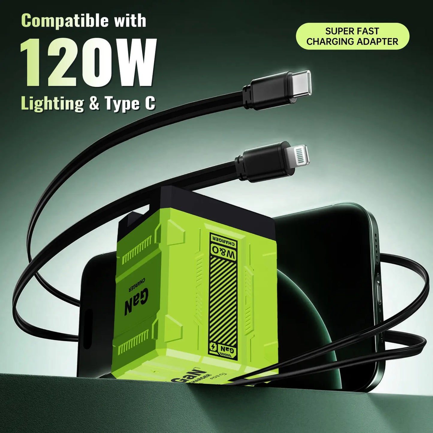 2 in 1 GaN Charger 120W Fast Charging for iPhone & Samsung