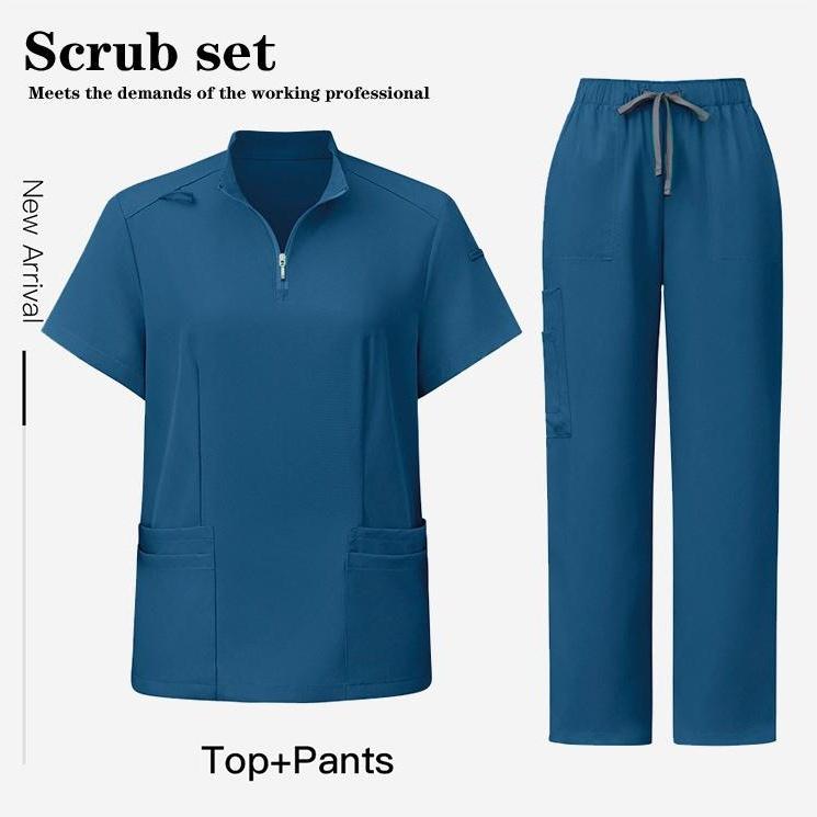 Unisex Surgical Scrubs Set with Stand Collar Zipper Top and Straight Leg Pants