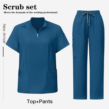 Unisex Surgical Scrubs Set with Stand Collar Zipper Top and Straight Leg Pants
