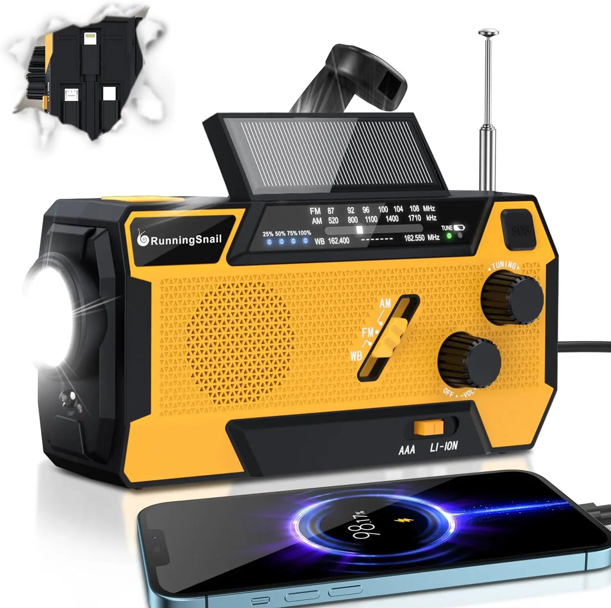 2000mAh Solar Powered Portable Survival Radio with Flashlight & SOS Alarm