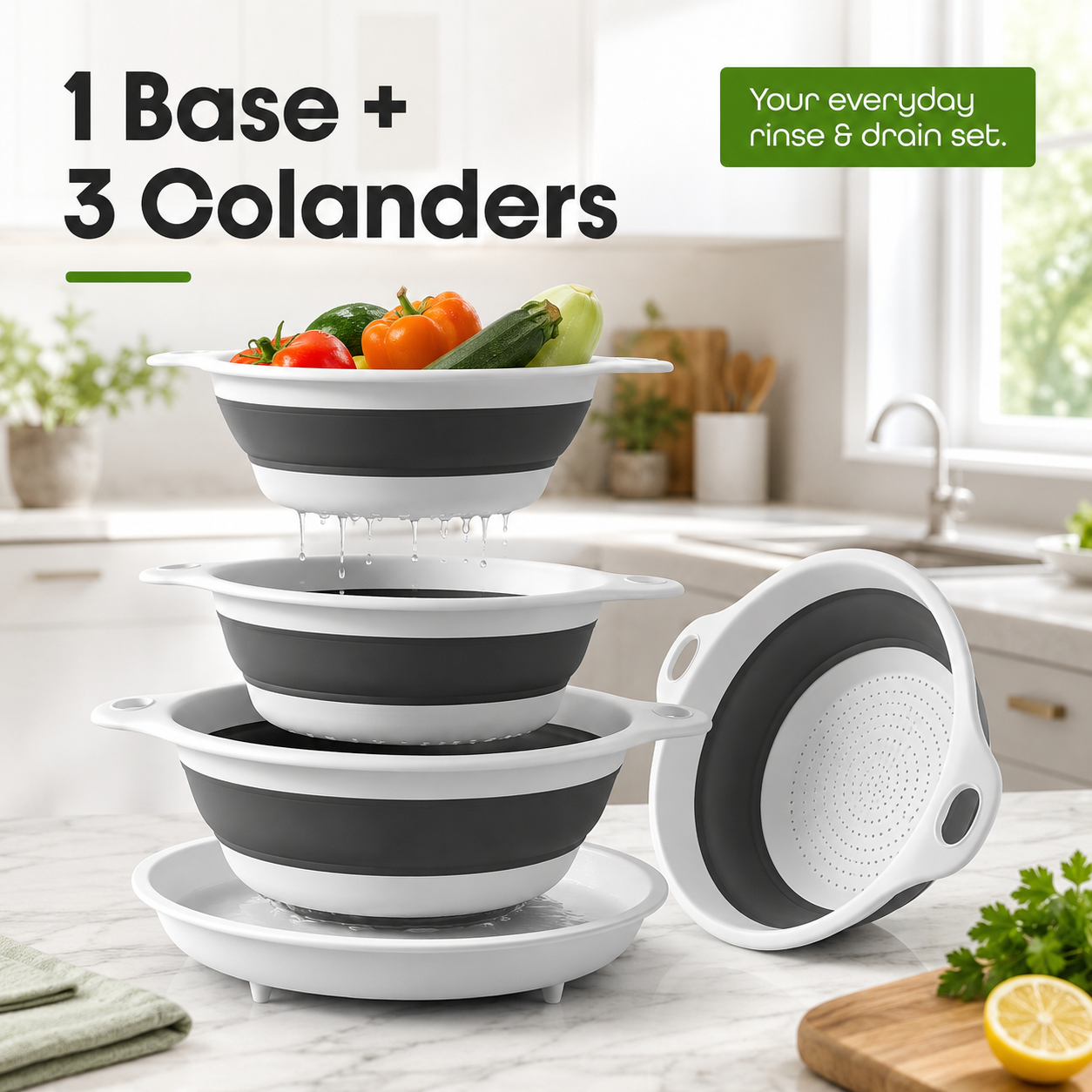 🥗 3-Piece Collapsible Colander Set – With Self-Draining Base Tray ✨