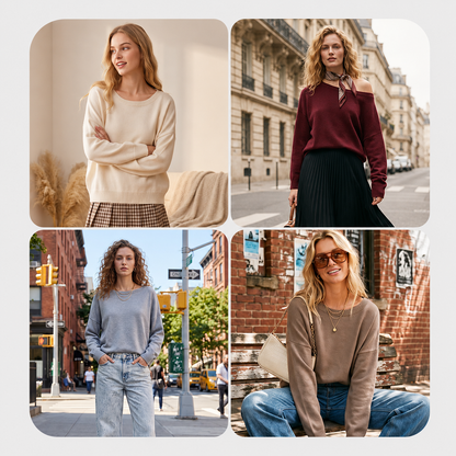 Women's Plain Scoop Neck Sweater Casual Long Sleeve Knit Top for Fall & Winter