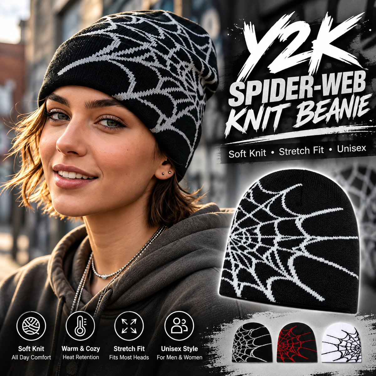 Model wearing a black spider-web knit beanie