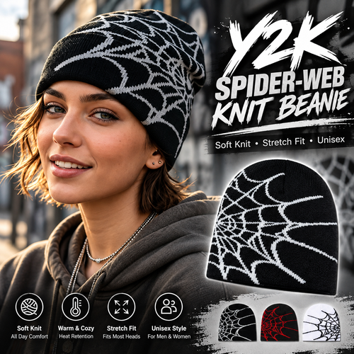 Unisex Y2K Spider Web Skull Cap Beanie - Viral Graphic Jacquard Knit Streetwear Grunge Aesthetic Hat