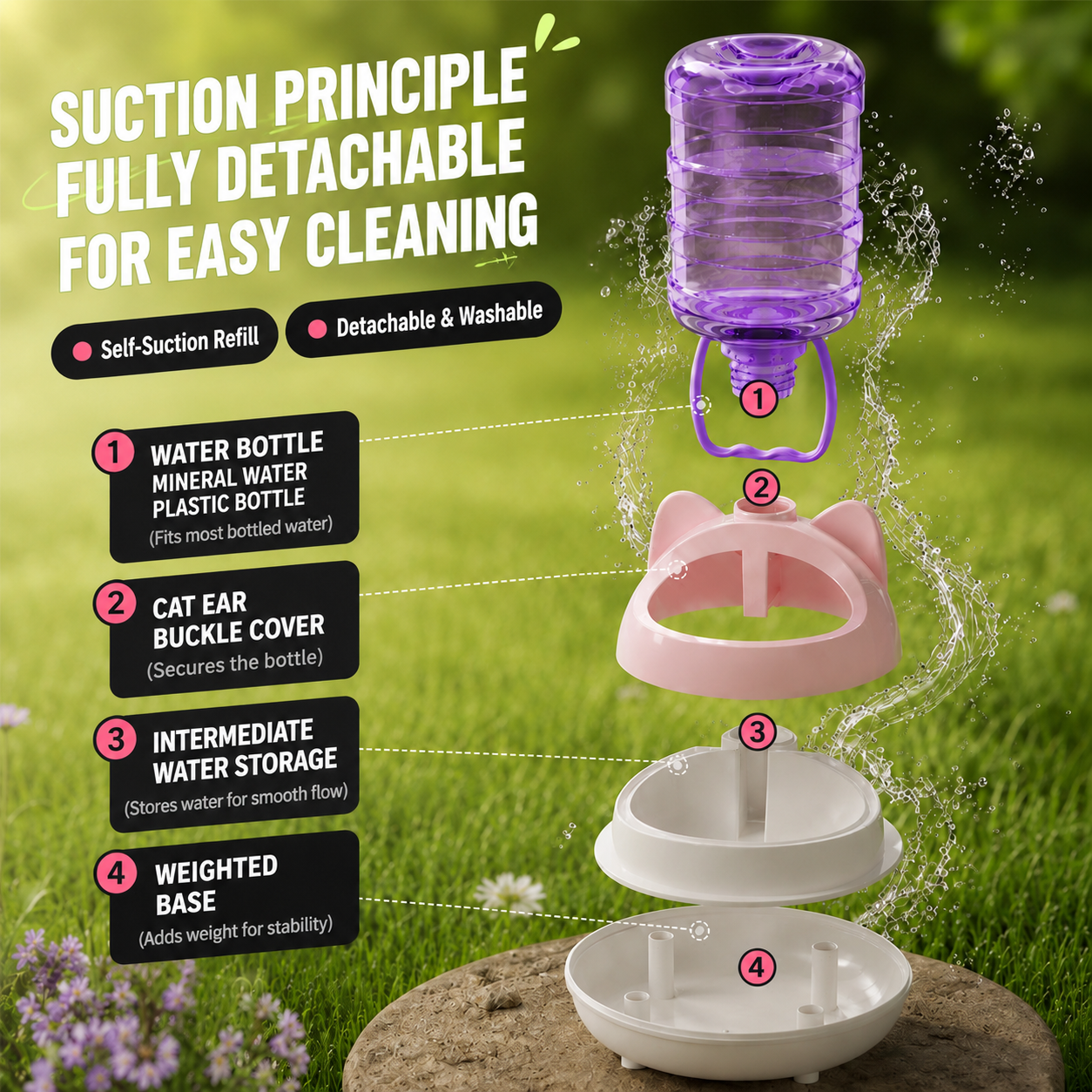 Exploded view of detachable gravity water dispenser components