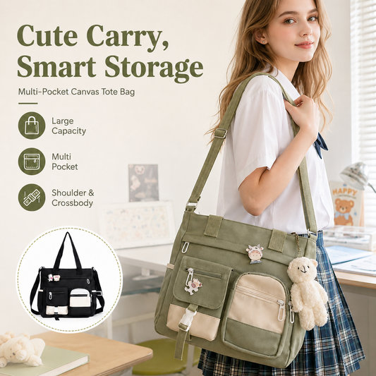 Canvas Tote Bag with Multi Pockets for Women
