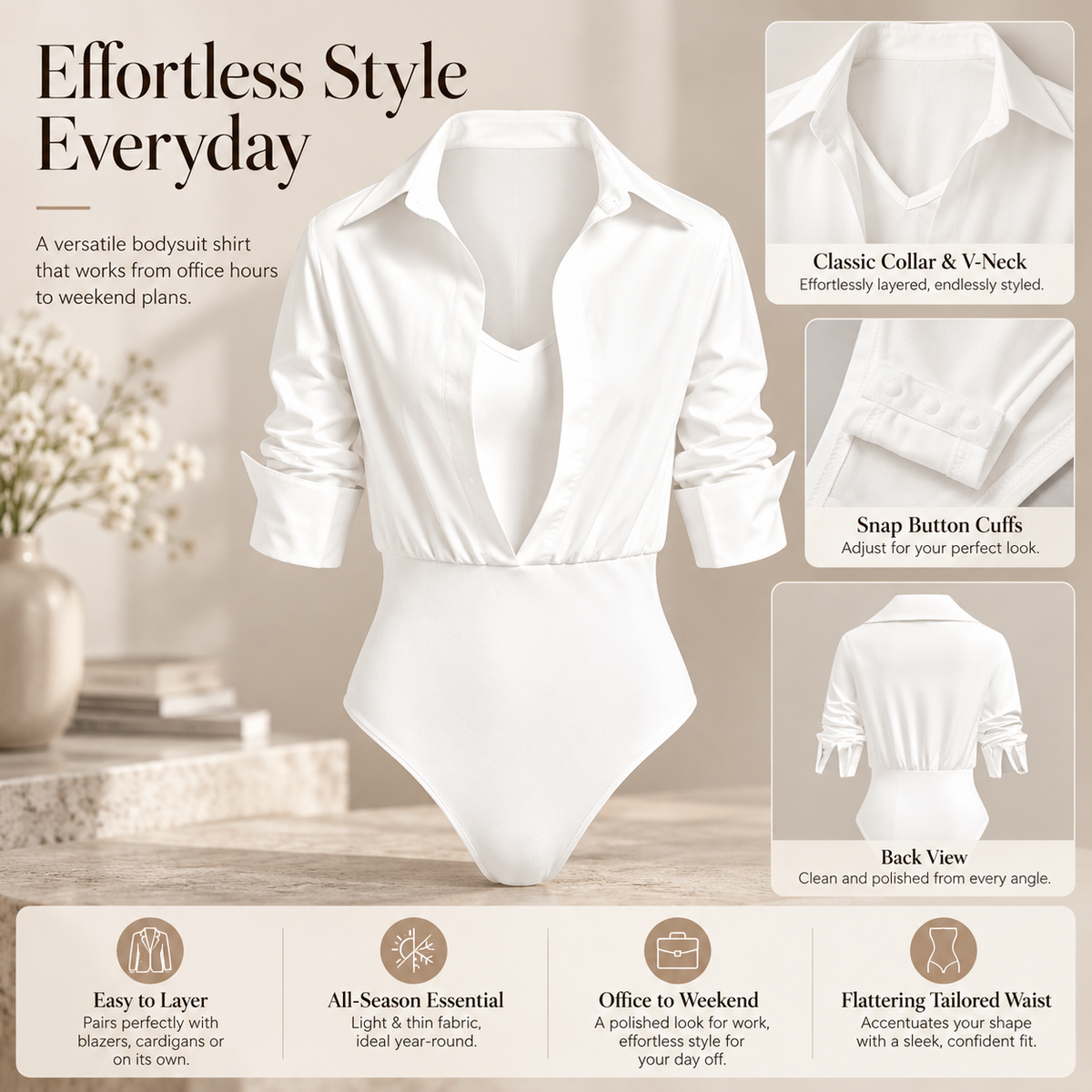 Women's Collared Deep V-Neck Shirt Bodysuit, Long Sleeve Turn-Down Collar Wrap Front Bodysuit Top