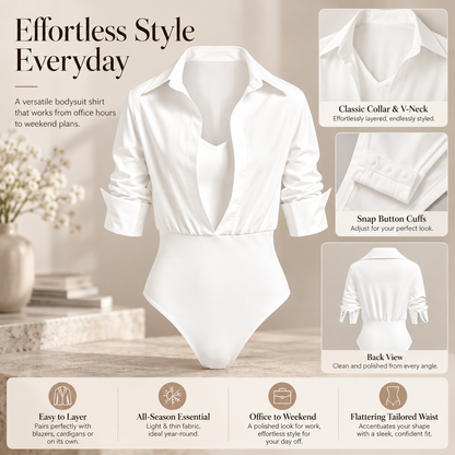 Women's Collared Deep V-Neck Shirt Bodysuit, Long Sleeve Turn-Down Collar Wrap Front Bodysuit Top