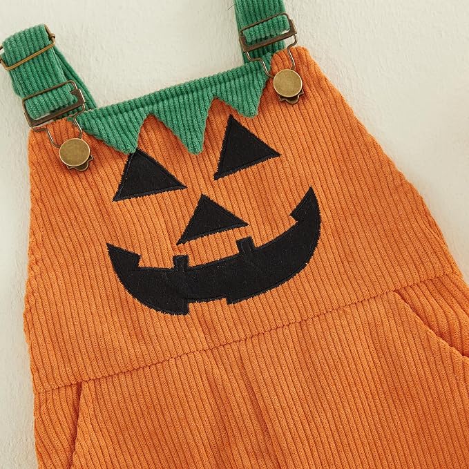 Toddler Baby Boy Halloween Overalls with Pockets Ribbed Devil Face Pattern Sleeveless Jumpsuit