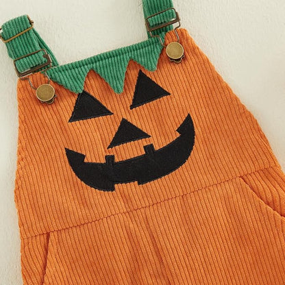 Toddler Baby Boy Halloween Overalls with Pockets Ribbed Devil Face Pattern Sleeveless Jumpsuit