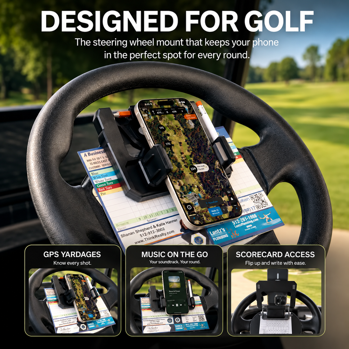 Golf cart steering wheel phone holder used for GPS yardages music and scorecard access
