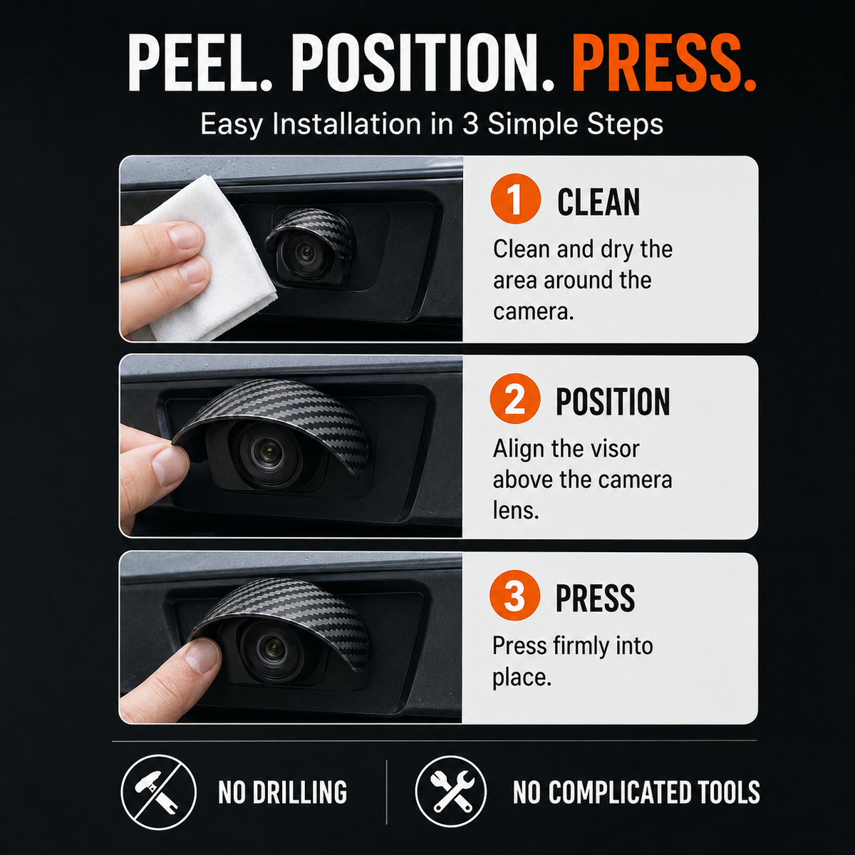 Car Backup Camera Rain Shield – Carbon Fiber Sun Visor, Protects Rear & Side Camera Lens from Rain & Glare (4/8 PCS)