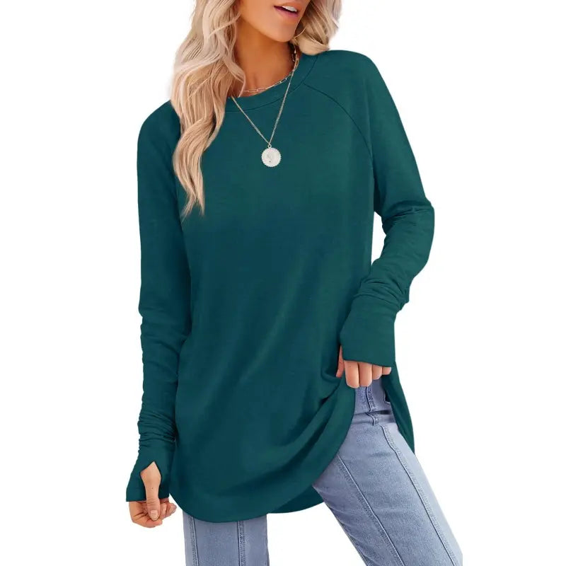Women’s Casual Tunic Tops with Thumb Holes & Curved Hem