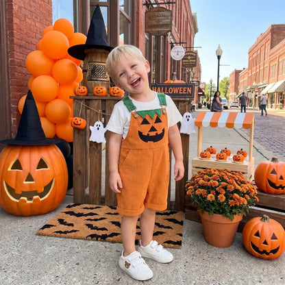 Toddler Baby Boy Halloween Overalls with Pockets Ribbed Devil Face Pattern Sleeveless Jumpsuit