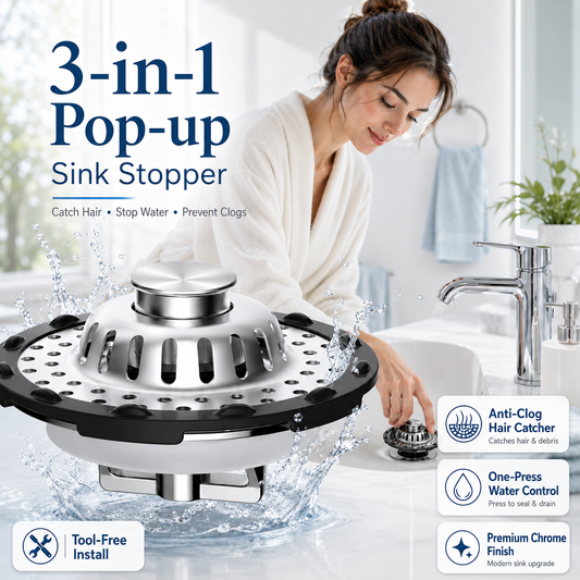 🛁🌟3-in-1 Pop-Up Sink Stopper – Hair Catcher, Drain Protector & Water Stopper | Universal Chrome Fit