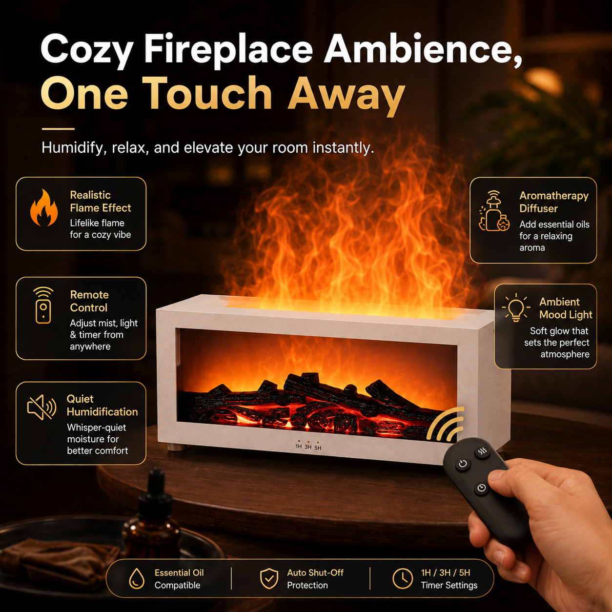 Colorful Fireplace Flame Humidifier Aromatherapy Diffuser with Remote and Timer for Home and Office