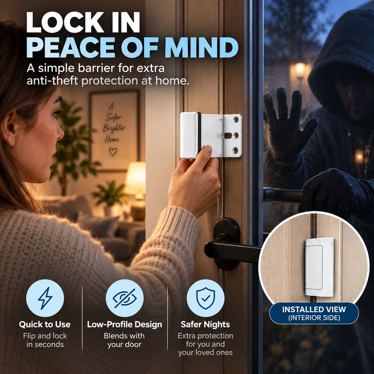 180° Inward-Opening Door Reinforcement Lock – Low-Profile Anti-Theft Security Latch