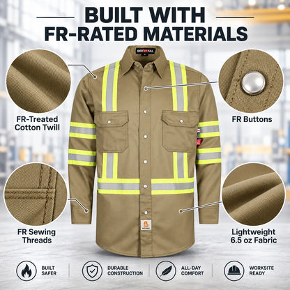 Men's FR Hi Vis Pearl Snap Safety Work Shirt, 7.5oz 100% Cotton Reflective Workwear