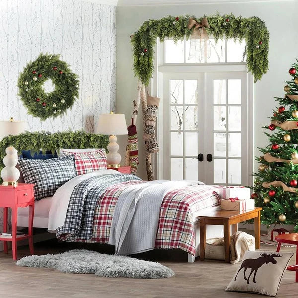 Christmas bedroom decorated with cedar garland
