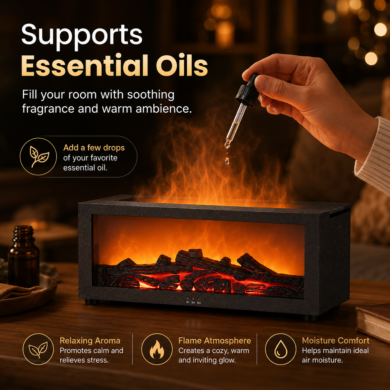 Colorful Fireplace Flame Humidifier Aromatherapy Diffuser with Remote and Timer for Home and Office
