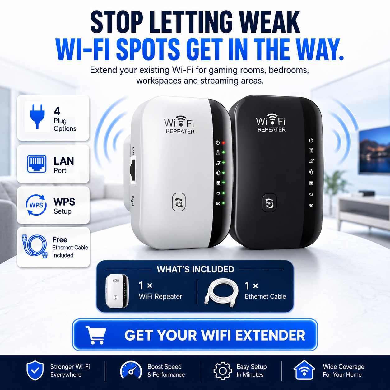 📶 WiFi Range Extender – Plug-In Repeater with Ethernet Port & Free Cable