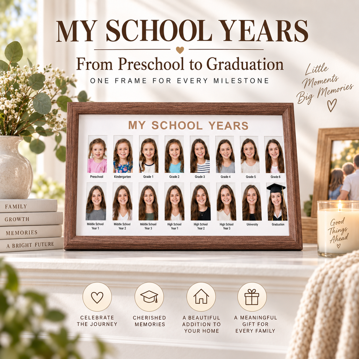 Handmade Wood School Photo Frame, School Years Picture Collage Frame