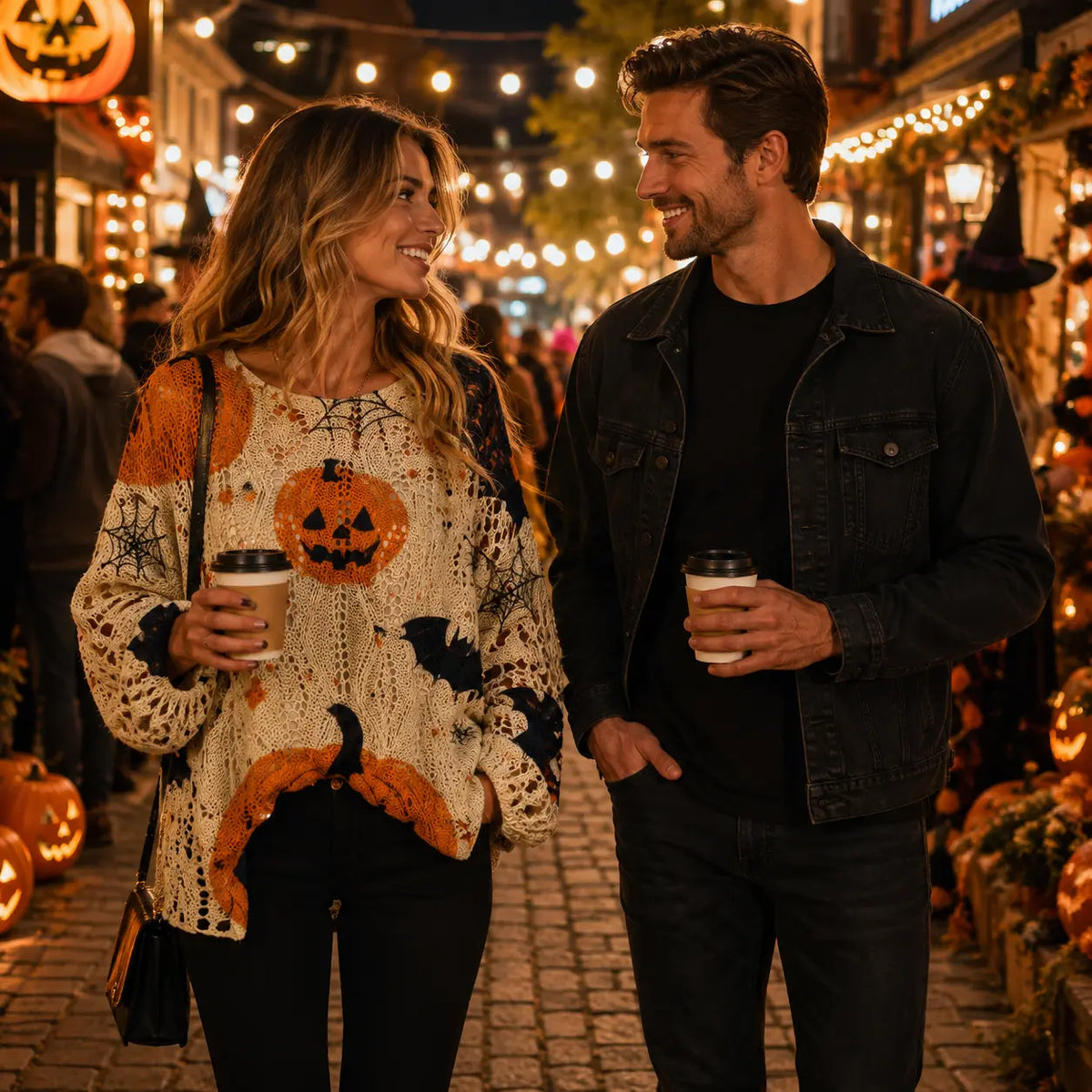 Women's Halloween Pumpkin-Bat Knit Pullover Sweater