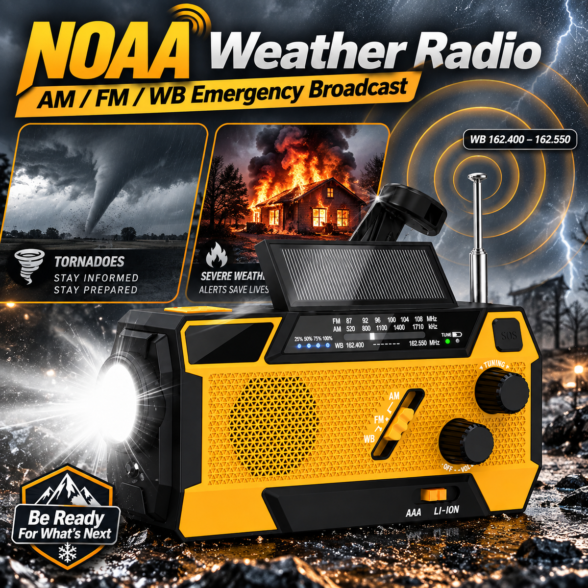 2000mAh Solar Powered Portable Survival Radio with Flashlight & SOS Alarm