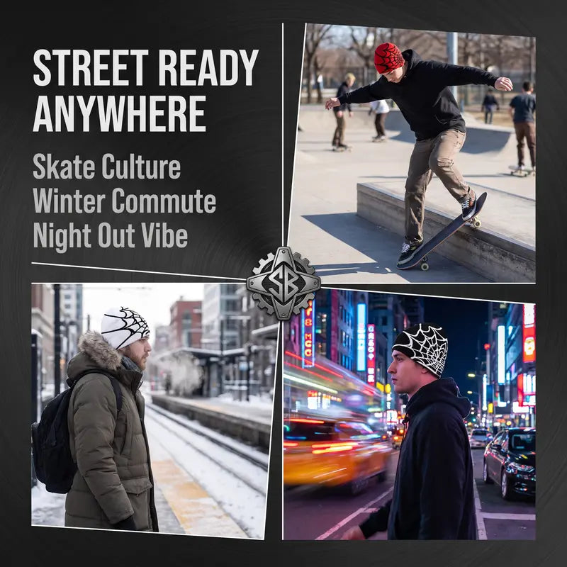 Web knit beanie styled for skate culture commuting and nights out