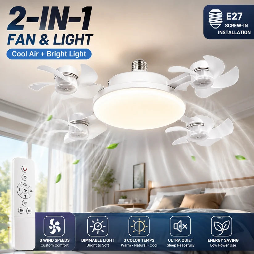 2-in-1 Screw-In Ceiling Fan Light – Remote Controlled LED Socket Fan