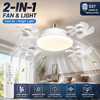 2-in-1 Screw-In Ceiling Fan Light – Remote Controlled LED Socket Fan