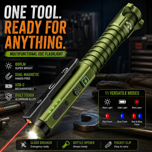 🔦11-in-1 Rechargeable EDC Flashlight – 800LM Magnetic Work Light with Laser