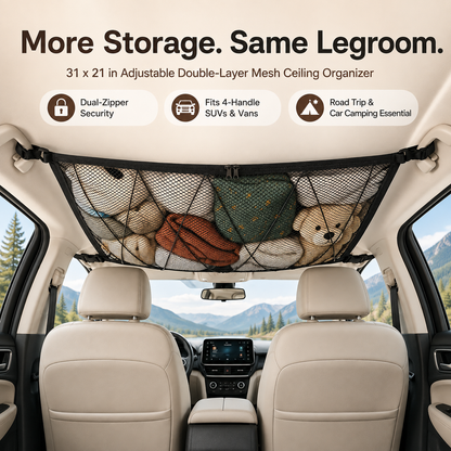 🚙 Ceiling Cargo Net 31"x21" – Double-Layer SUV Roof Organizer for Road Trips