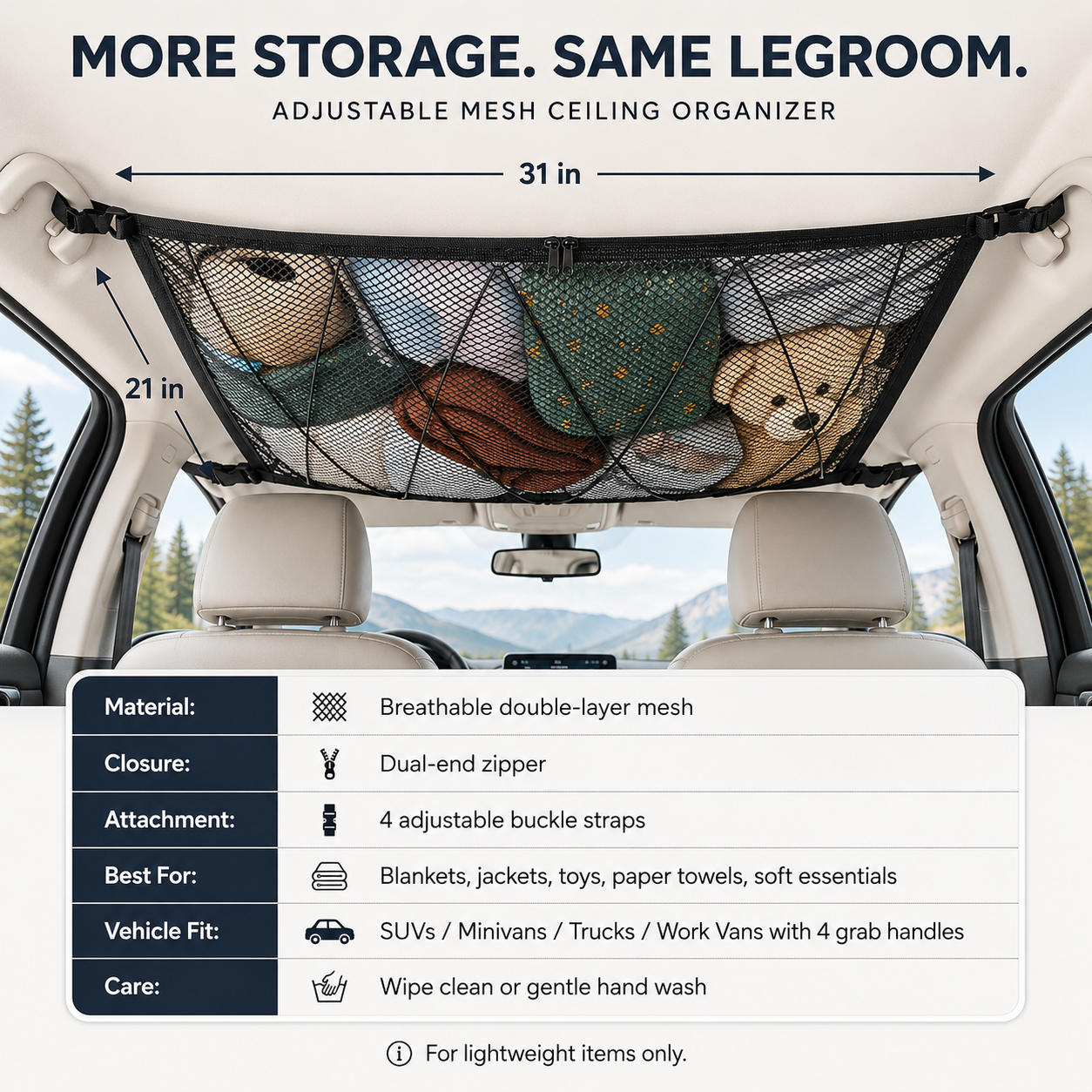 🚙 Ceiling Cargo Net 31"x21" – Double-Layer SUV Roof Organizer for Road Trips